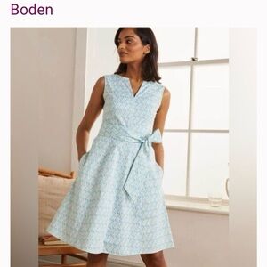 Boden Light Blue Patterned knee length Dress sleeveless excellent guc 10R